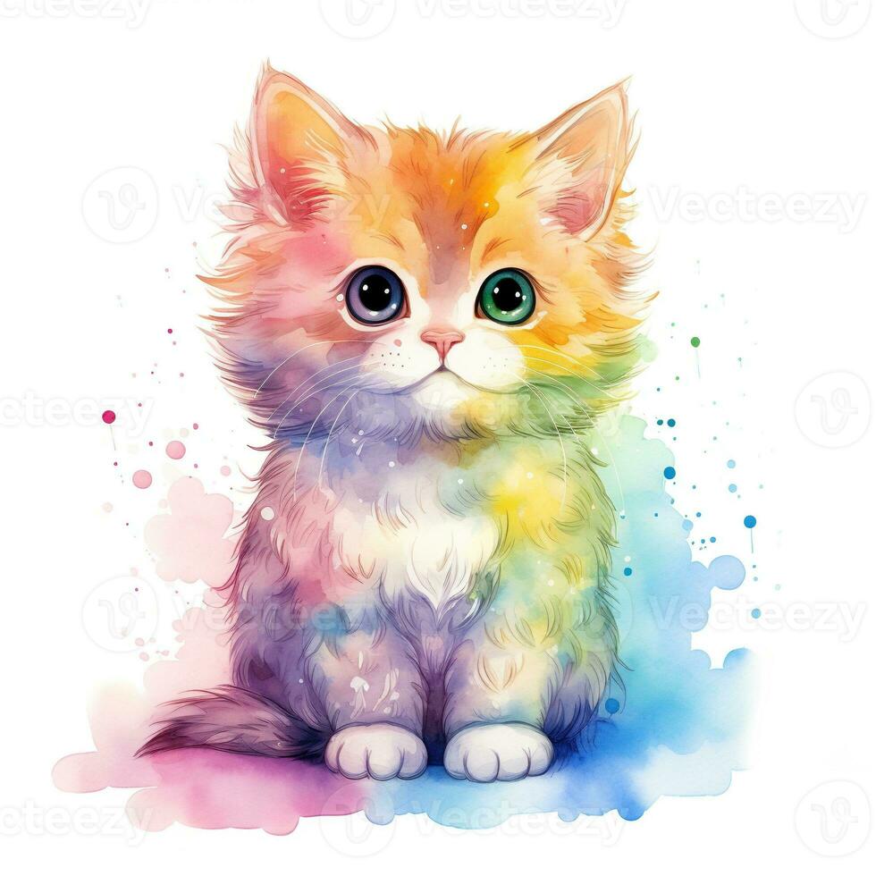 Cute watercolor cat in rainbow colors, isolated illustration on white background. Generative AI photo