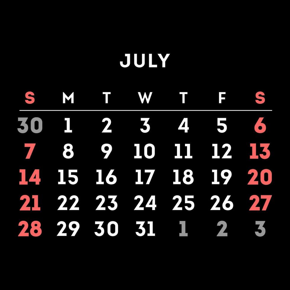 July 2024 month calendar. Vector illustration.