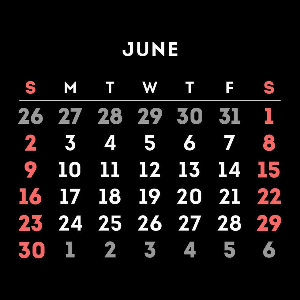 June 2024 month calendar. Vector illustration.