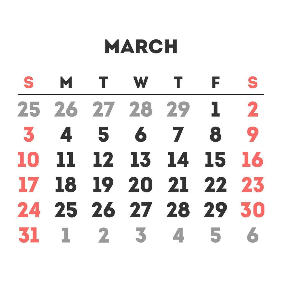 March 2024 month calendar. Vector illustration.