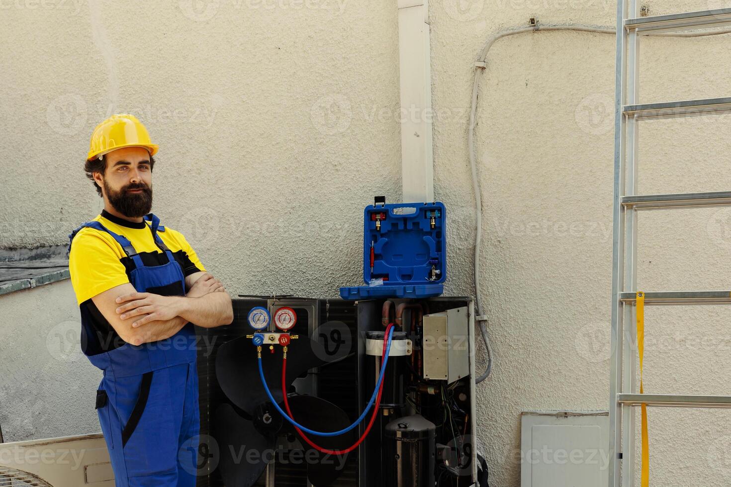 Portrait of professional engineer standing in front of fixed air conditioner, proud of work done. Skilled technician contracted by customer happy with smooth maintenance of hvac system components photo