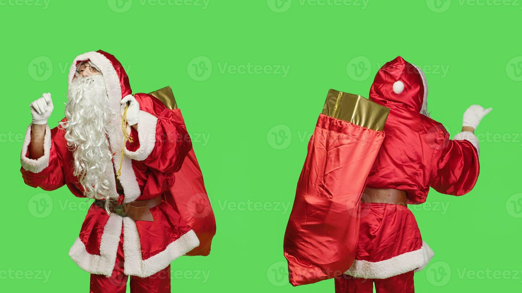 Saint nick bandmaster chief in costume accompany professional orchestra as choir musician, standing over greenscreen. Santa claus with gifts bag playing band music, musical conductor. photo