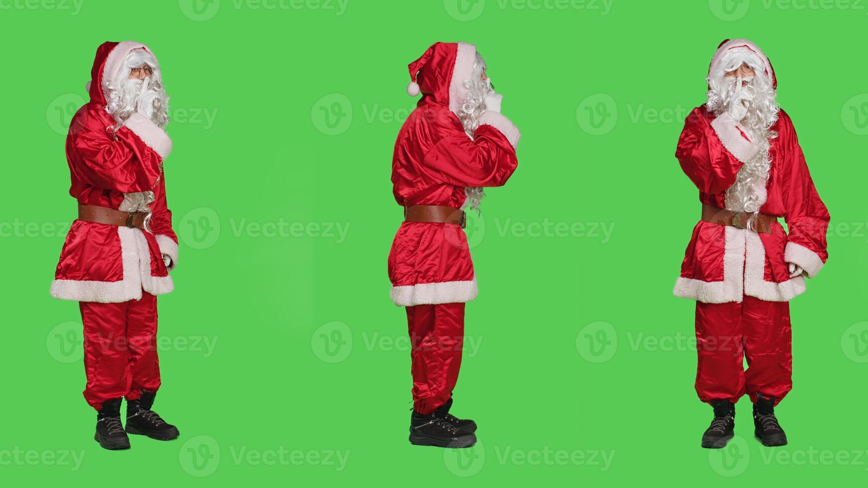 Saint nick showing hush symbol, asking for privacy and silence to keep secret. Father christmas in iconic red costume doing mute sign, acting discreet with confidential information. photo