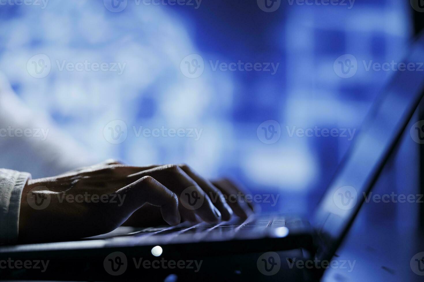 Computer operator using laptop to maintenance artificial intelligence neural networks simulating human thought processes in computerized model. Tech support doing checkup on AI systems, close up photo