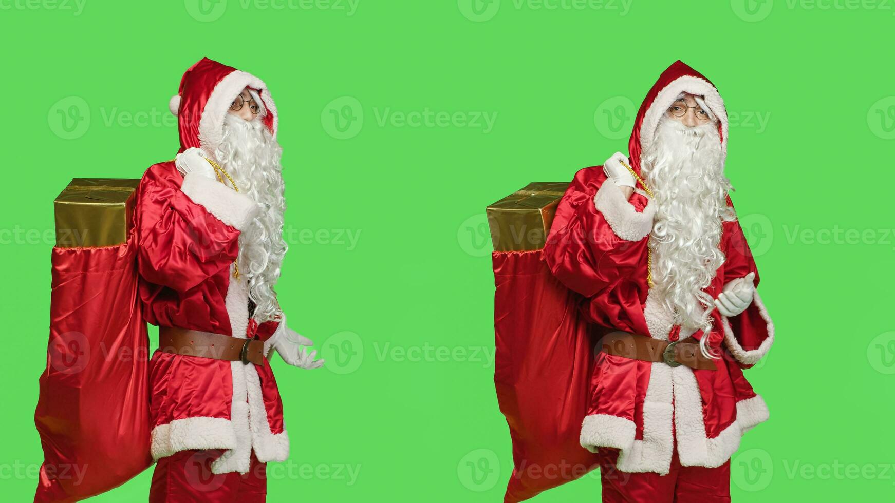 Santa claus cosplay shows marketing ad against greenscreen backdrop, posing with bag of gifts to advertise winter holiday season with main character. Father christmas red costume. photo