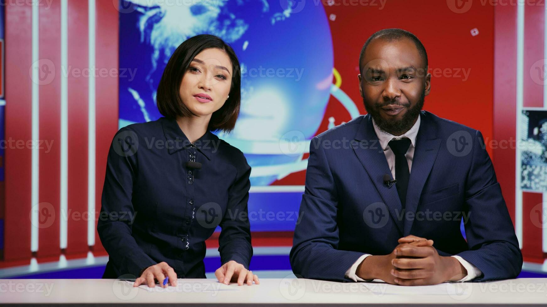 Diverse presenters hosting morning show to cover daily news topics on live tv network, presenting international events and world issues. Media journalists team talking about entertainment industry. photo