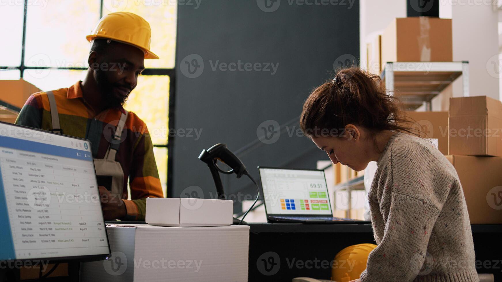 Supervisor inspecting cargo logistics in storage room, working on quality control with inventory list and barcodes. Two employees discussing about products verification in depot. photo