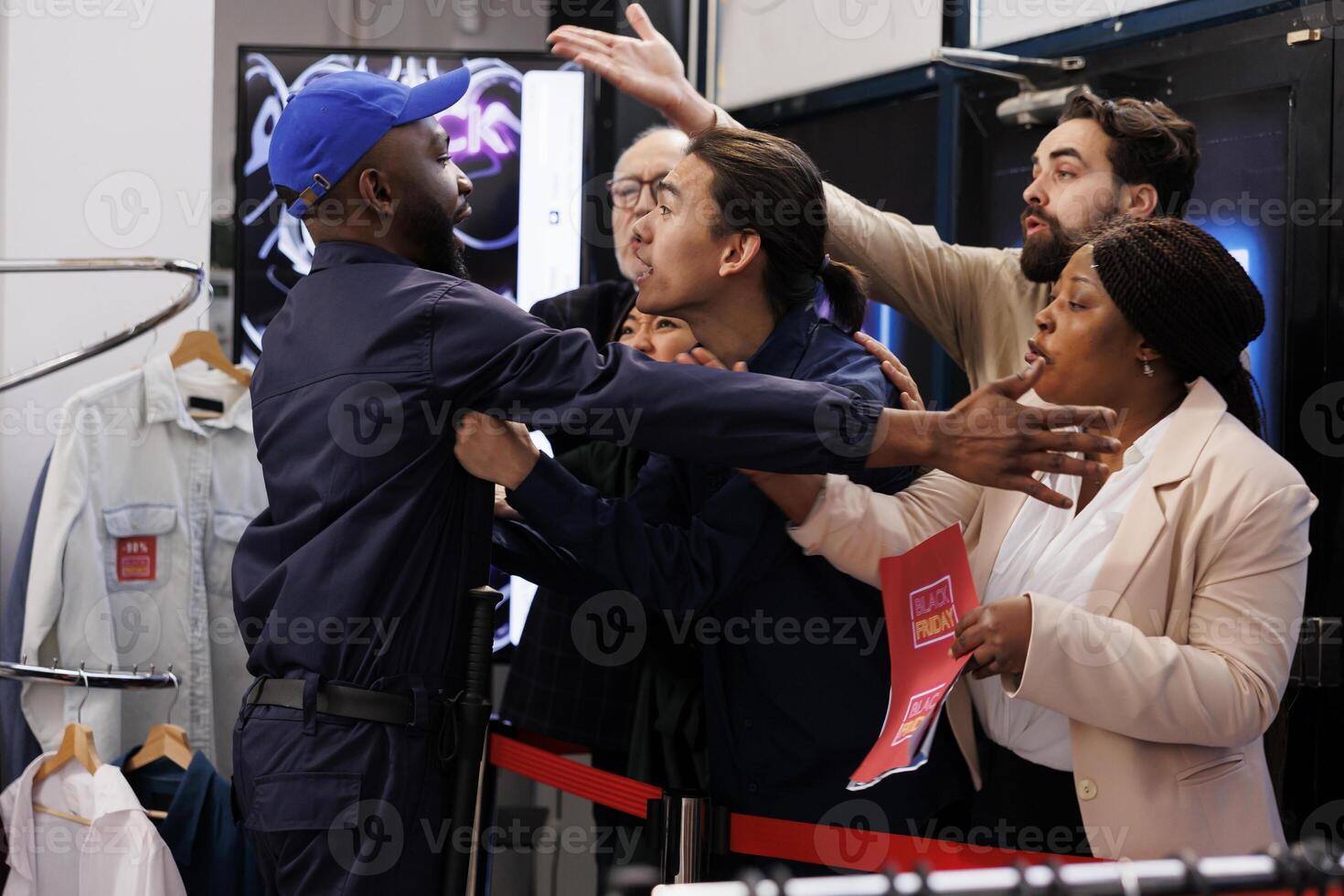 African American guy security guard asking crowd to remain calm during Black Friday Sales rush, pushing people back and controlling clothing store entrance. People shoppers obsessed with bargains photo