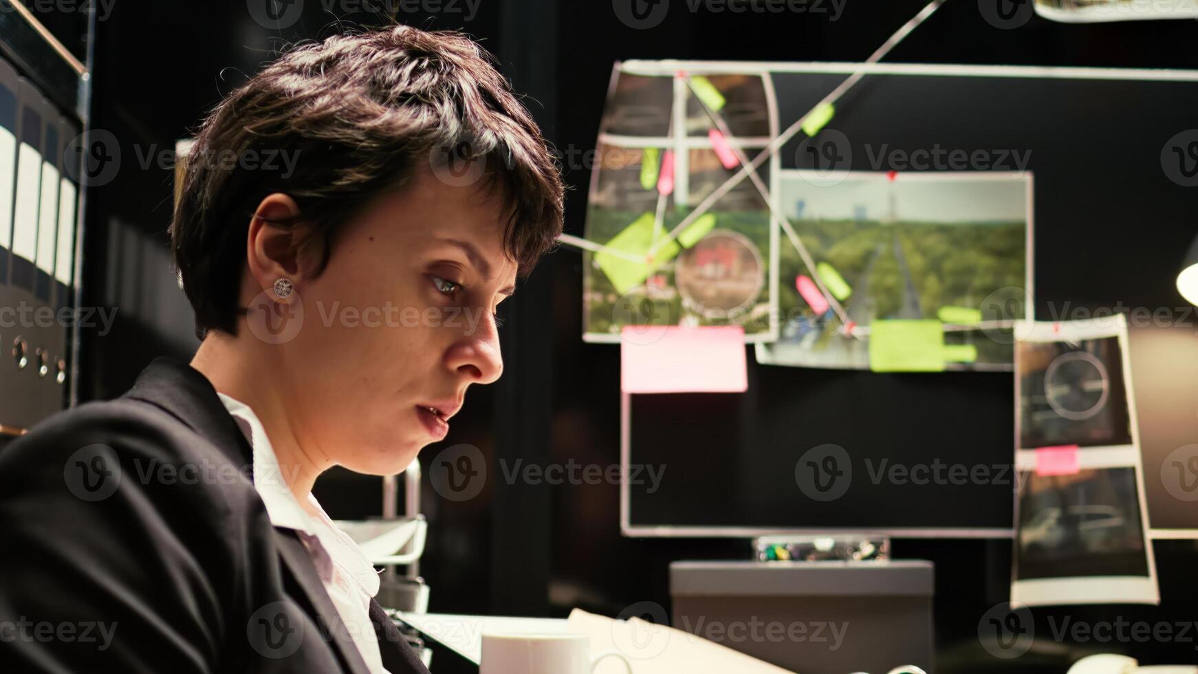 Criminologist reading classified records, using laptop to uncover new case details in police agency incident room. Woman law enforcement officer conducting criminal investigation with evidence. photo