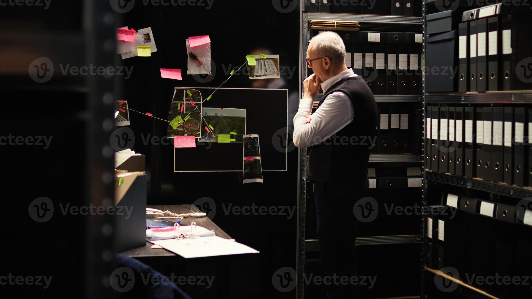 Crime expert reviews forensic evidence in police agency incident room, using classified documents and witness statements to solve case. Detective examining surveillance photos to catch culprit.