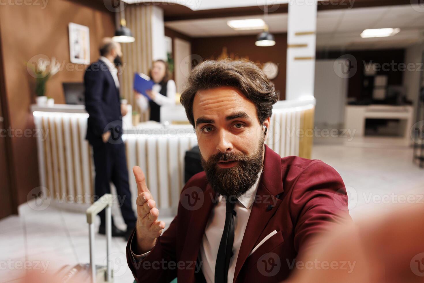POV of professional calling boss on videocall online to explain international meeting results and opportunities. Businessman travelling on work purposes to forge alliances for collaborations. photo