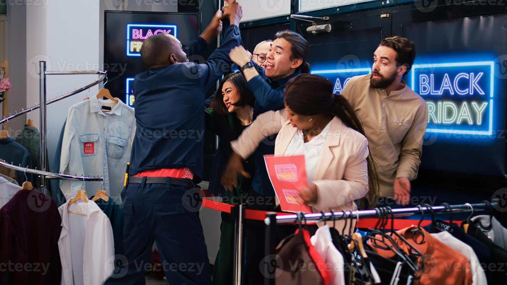 Black friday clients tired of waiting, angry obsessed shoppers eager to start shopping. Customers arguing with security employee, demanding to open store during seasonal sales. photo