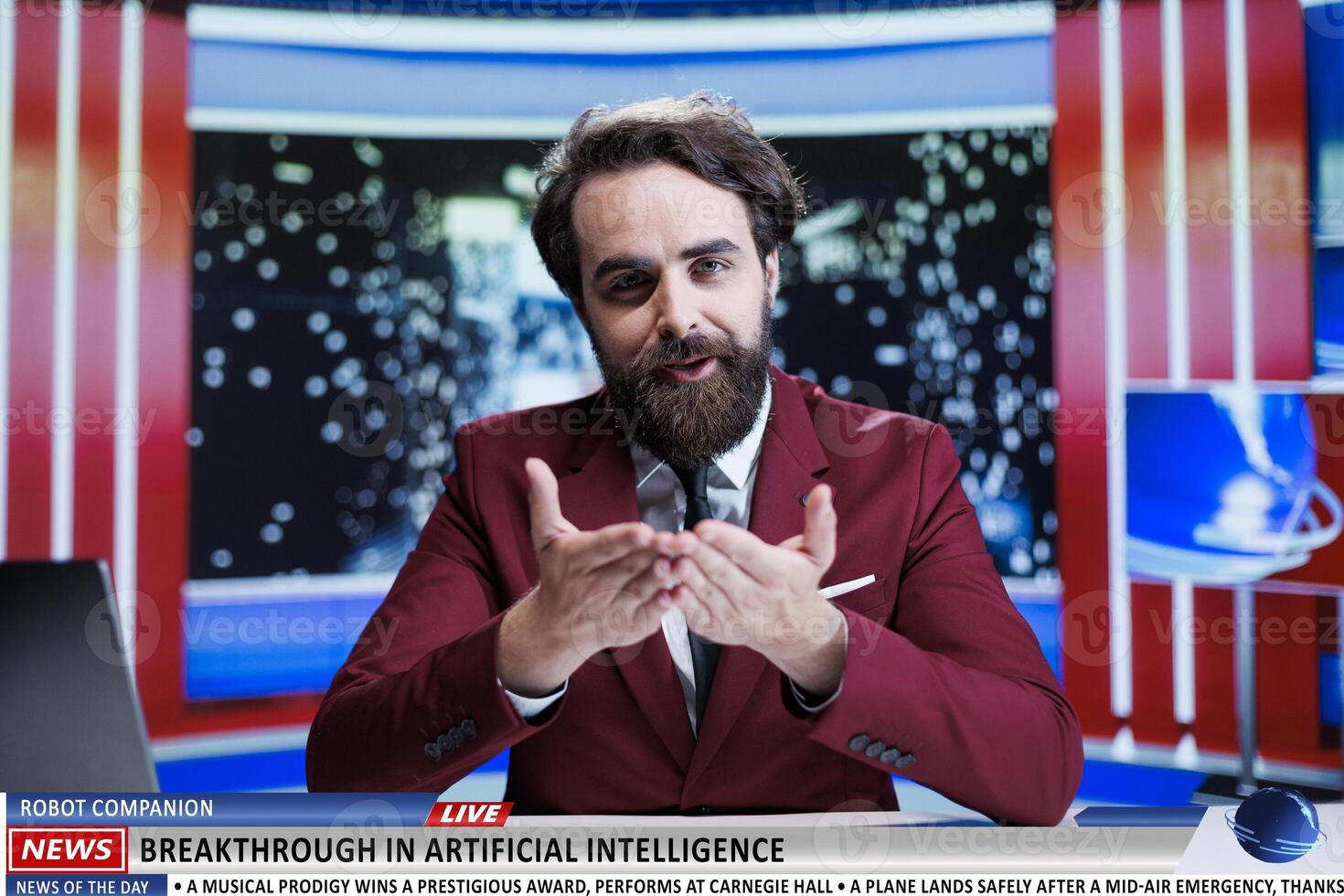 Night show host discuss modern events, presenting news of artificial intelligence development and rise in IT industry as tv program content. Newscaster works on deep learning reports. photo