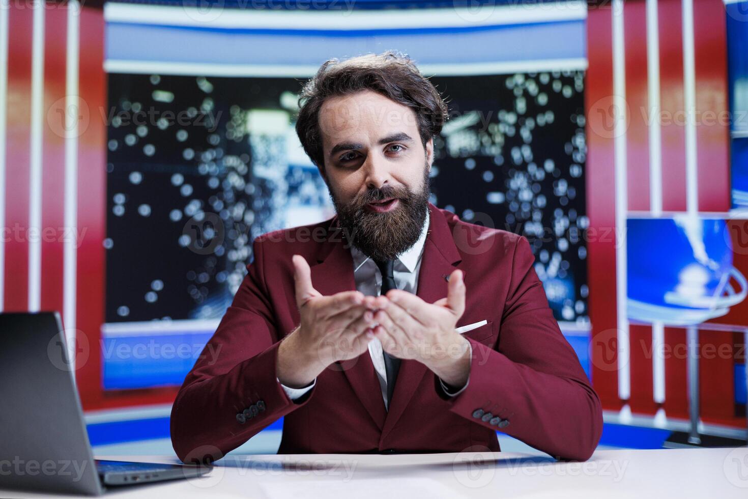 Talk show host addressing daily events in news studio, reporting live information about latest occurences worldwide. Man presenter creating reportage on international tv channel. photo