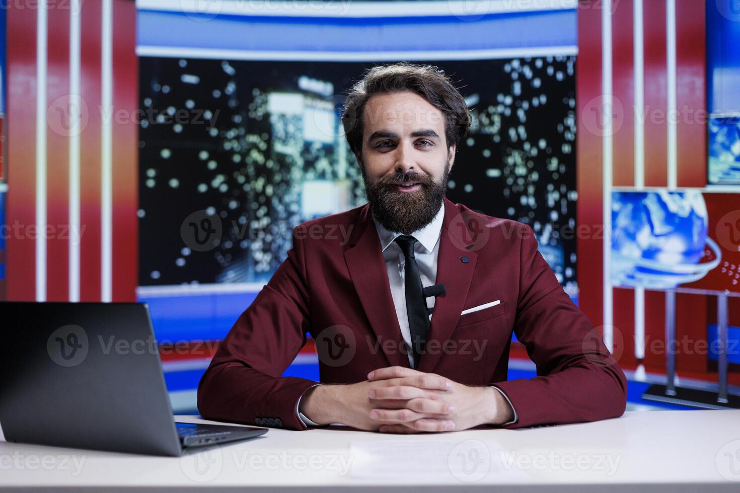 TV newscaster hosting night show live on international program, debating latest events and scandals on global communications channel. Entertainment reporter in newsroom studio, television content. photo