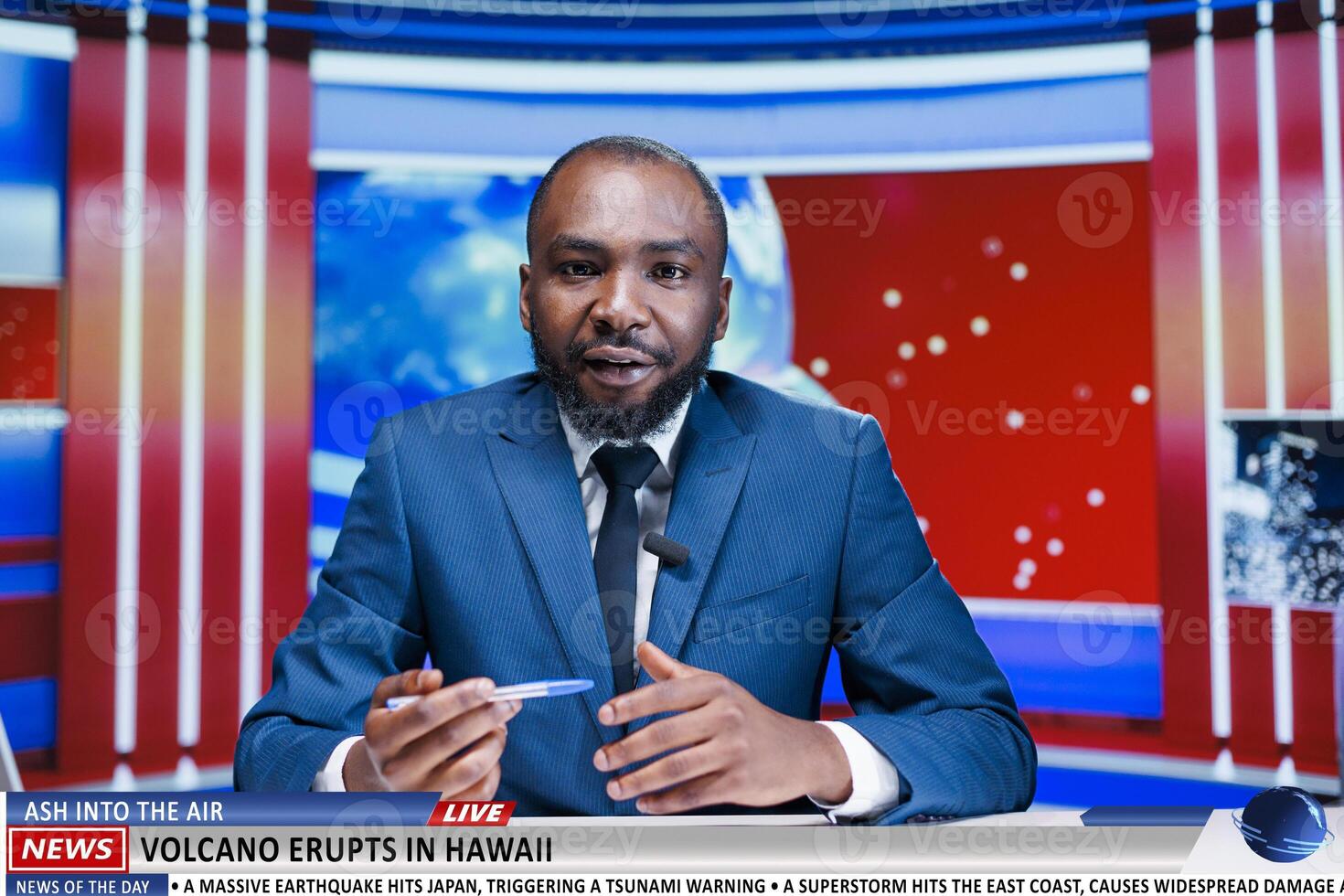 News anchor reveals vulcano eruption event in hawaii, talking about natural disaster in newsroom. Man presenter addresses newscast about latest global reports, transmitting live. photo