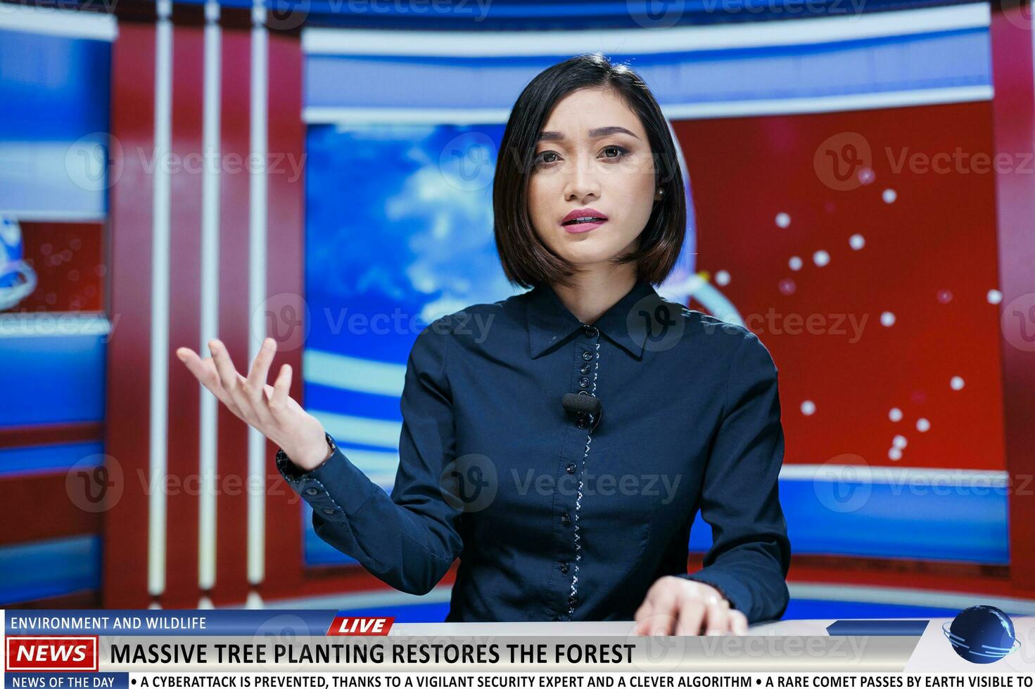 Reporter covers on air news about preservation of nature while encouraging conservation effort to plant trees and guard forests. Host of news program examining global concerns. photo