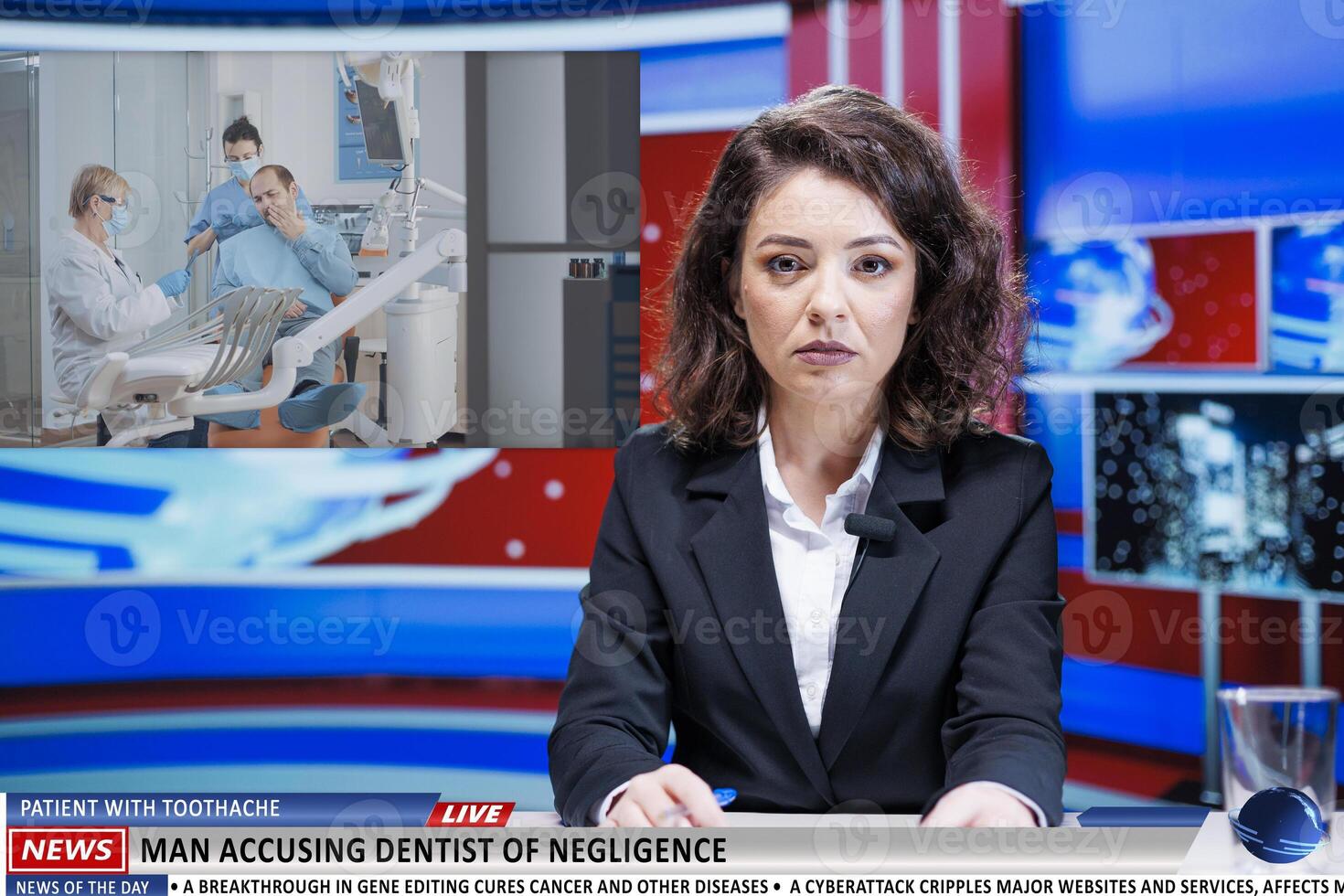 Worrying news about dentist incompetence on live tv channel, presenter doing newscast about stomatology patient with dental problems. Person with toothache suing dentistry cabinet. photo