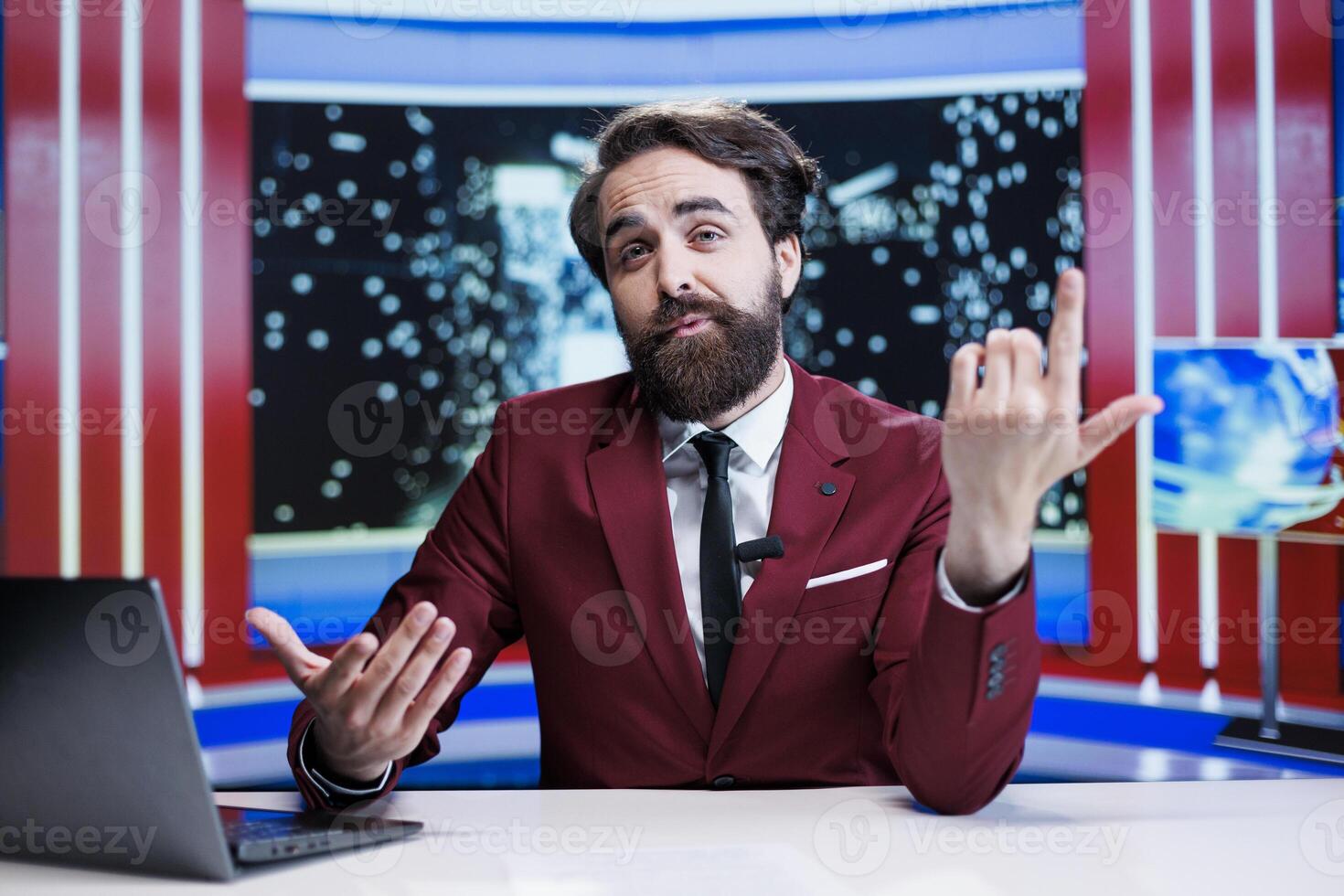Man journalist presenting breaking news live on television program, working in global communications industry. Media presenter doing news report on daily events and occurences. photo