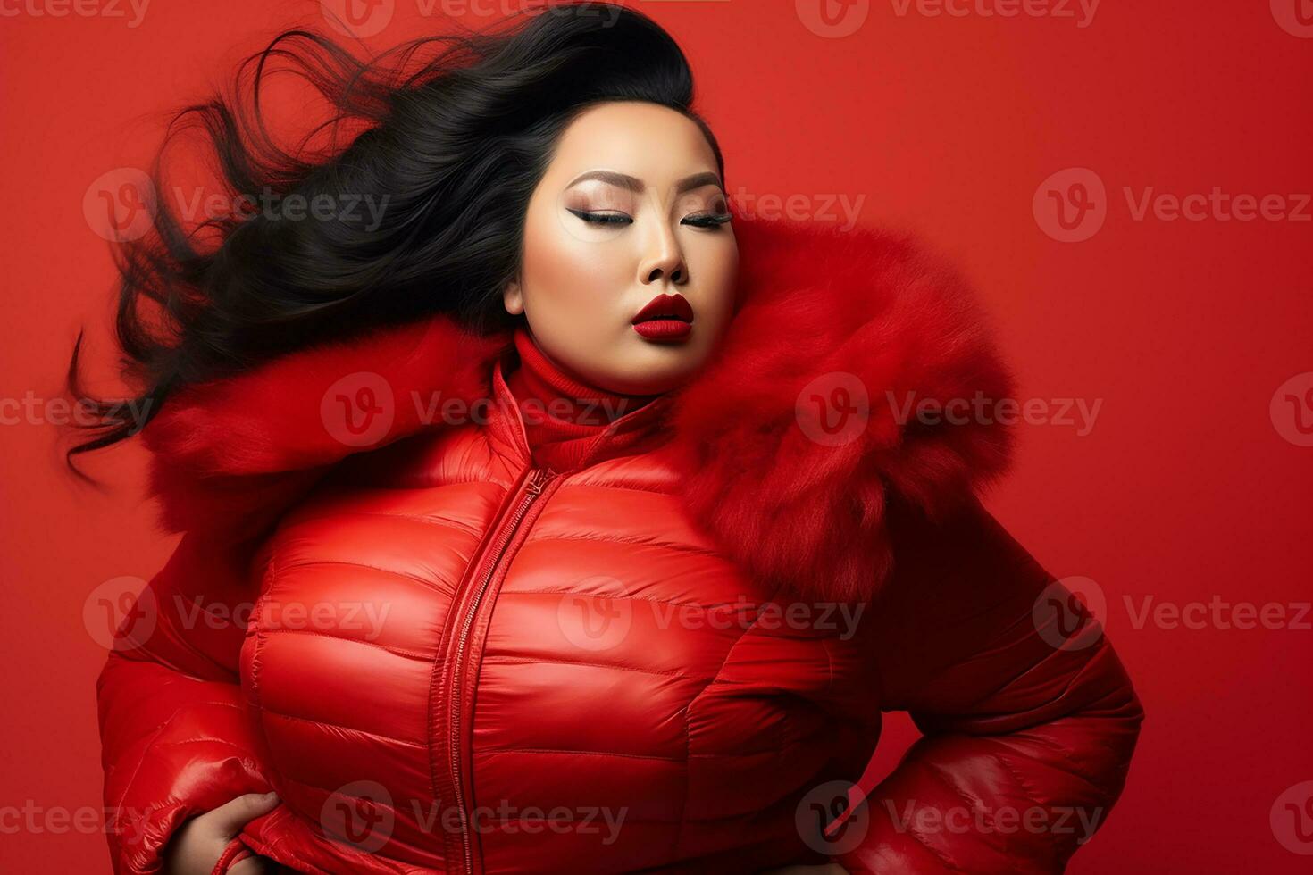 Ai generated Studio portrait of beautiful fat overweighted woman on different colour background photo