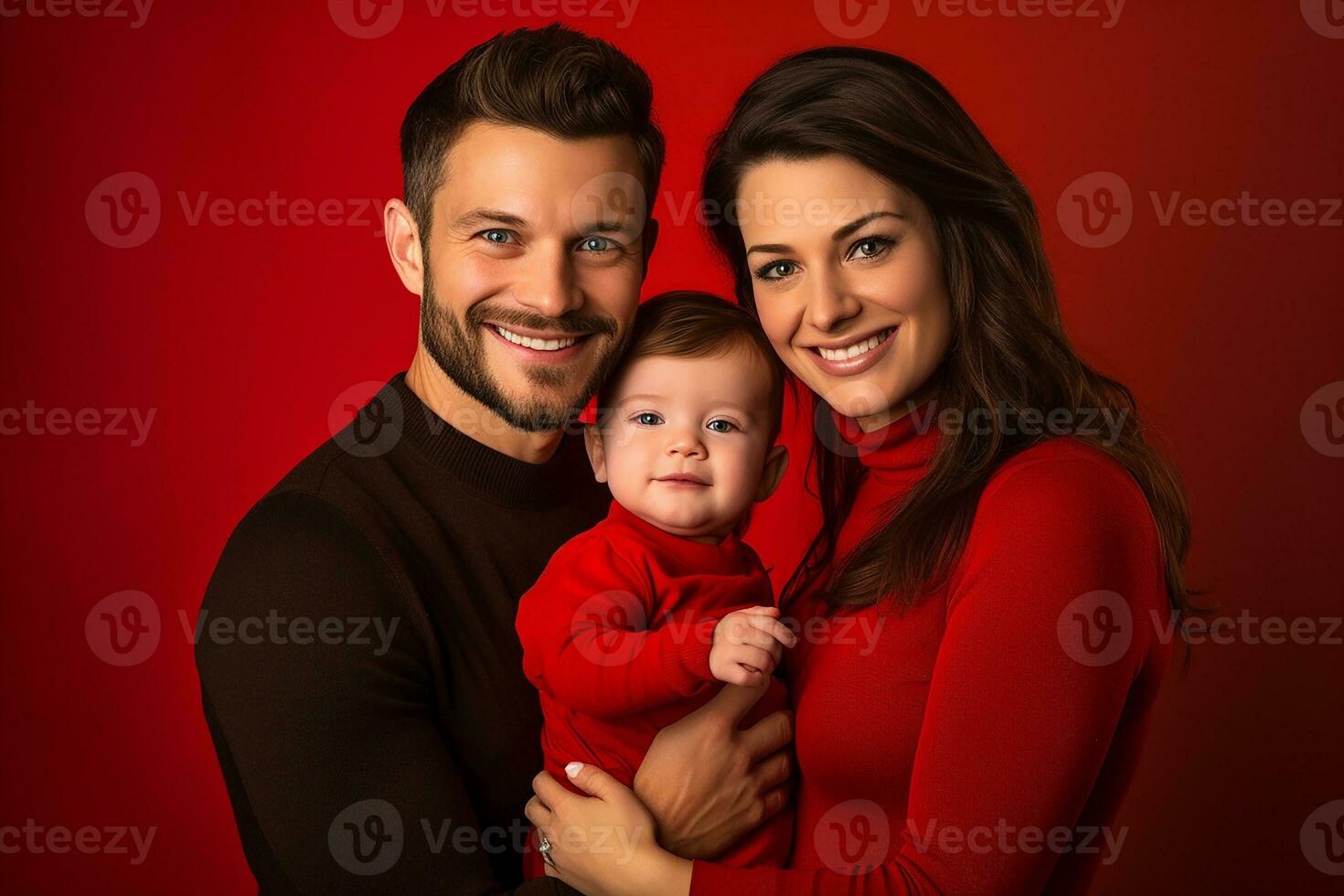 Ai generated Studio portrait of beautiful parents with infant baby holding on hands on different colours background photo