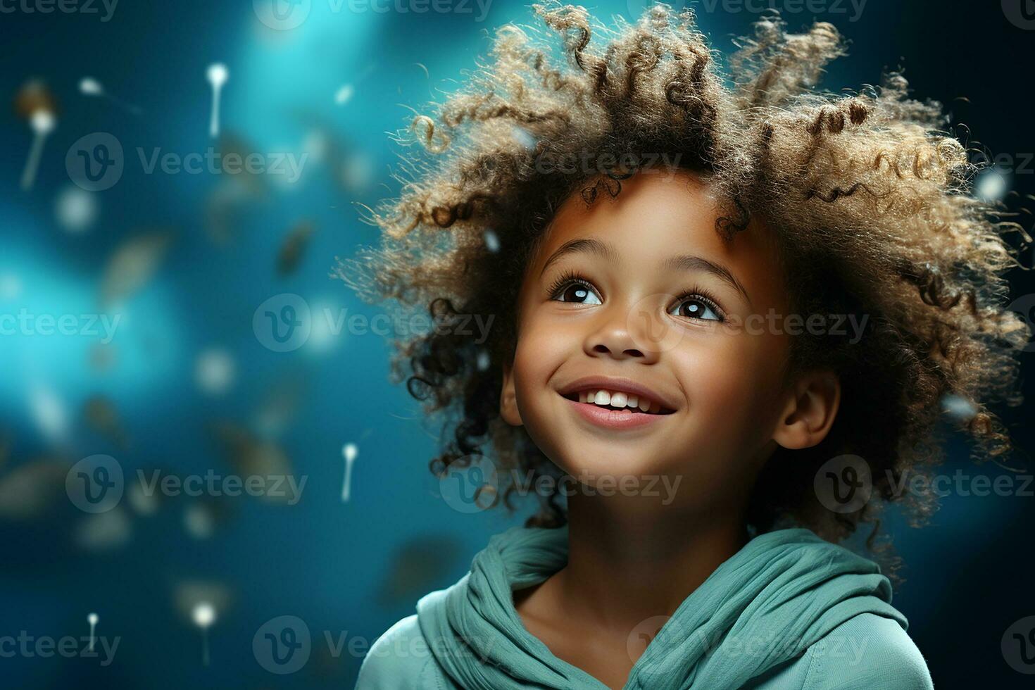Ai generated studio portrait of cute little curly african girl on different colours background photo
