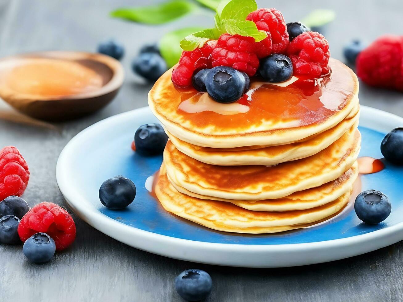 Pancakes with apricot jam and Pancakes with honey Ai generated. photo