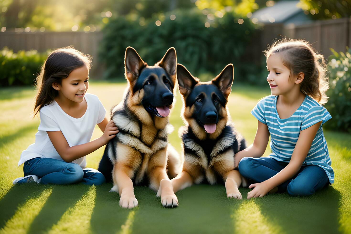 an enchanting scene of kids and dogs playing. Ai Generative photo