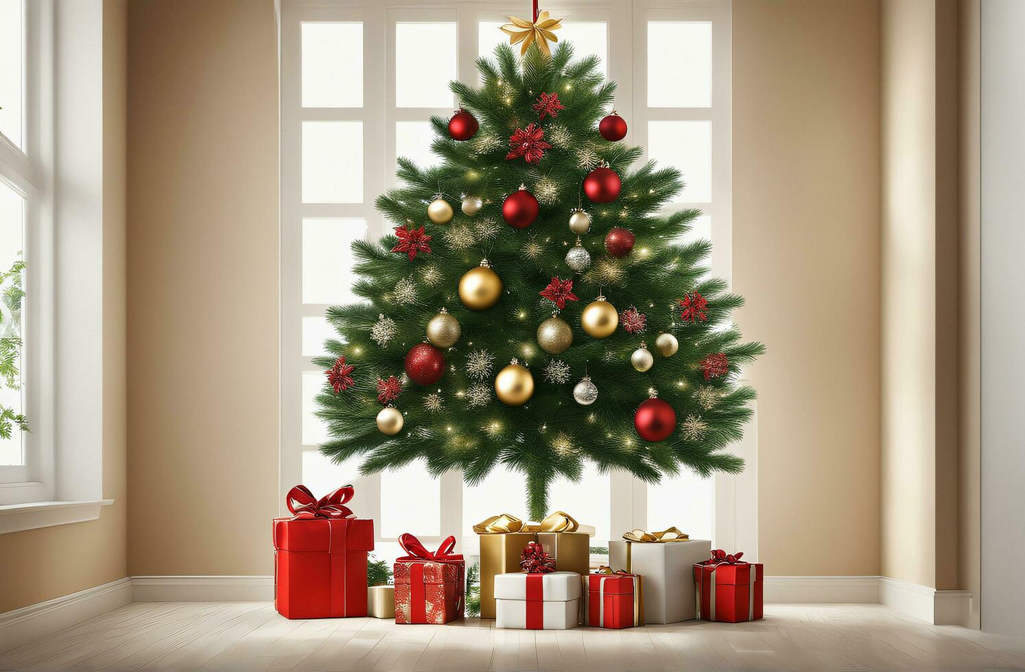 christmas celebration with decorated ball, bell, and tree. Ai Generative photo