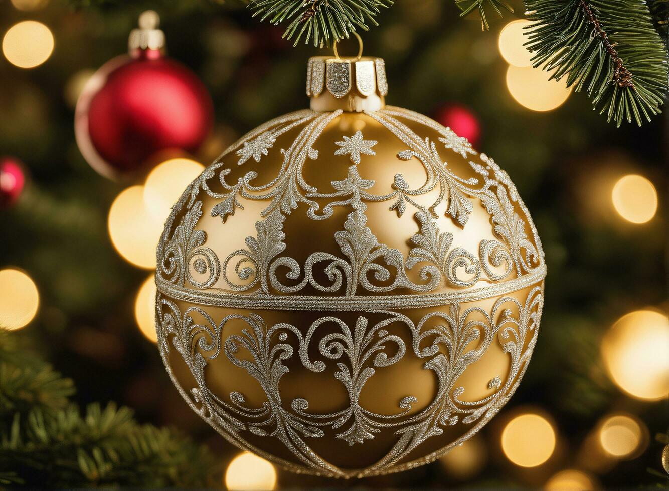 christmas celebration with decorated ball, bell, and tree. Ai Generative photo