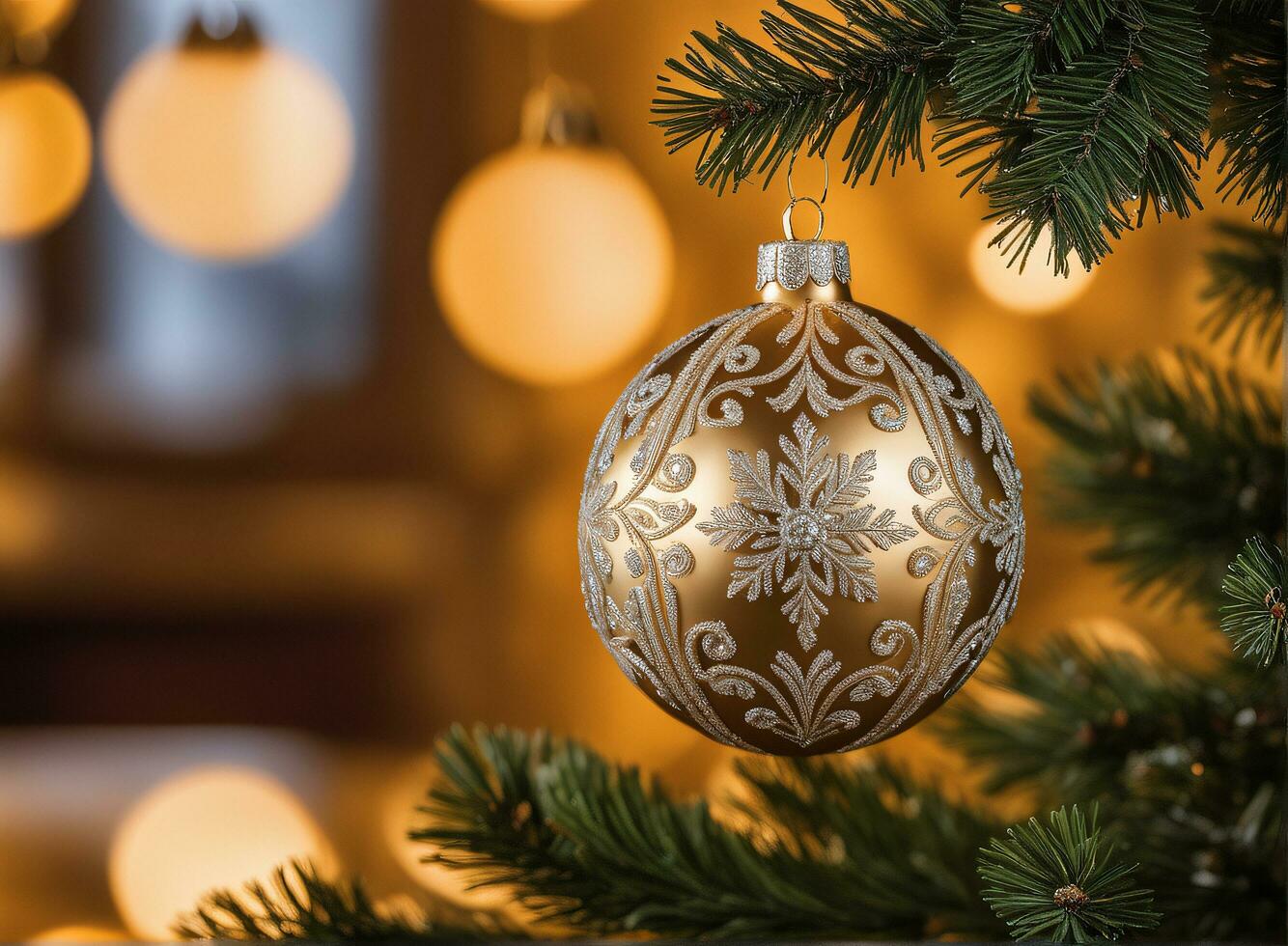 christmas celebration with decorated ball, bell, and tree. Ai Generative photo