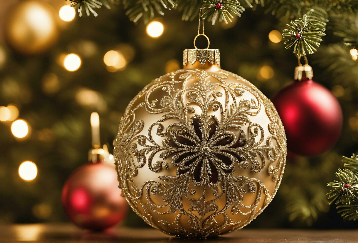 christmas celebration with decorated ball, bell, and tree. Ai Generative photo