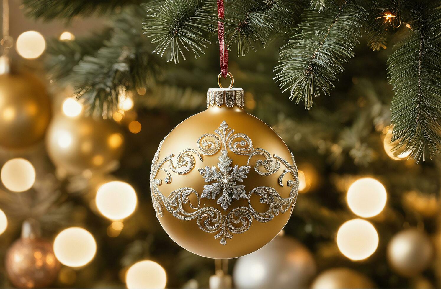 christmas celebration with decorated ball, bell, and tree. Ai Generative photo