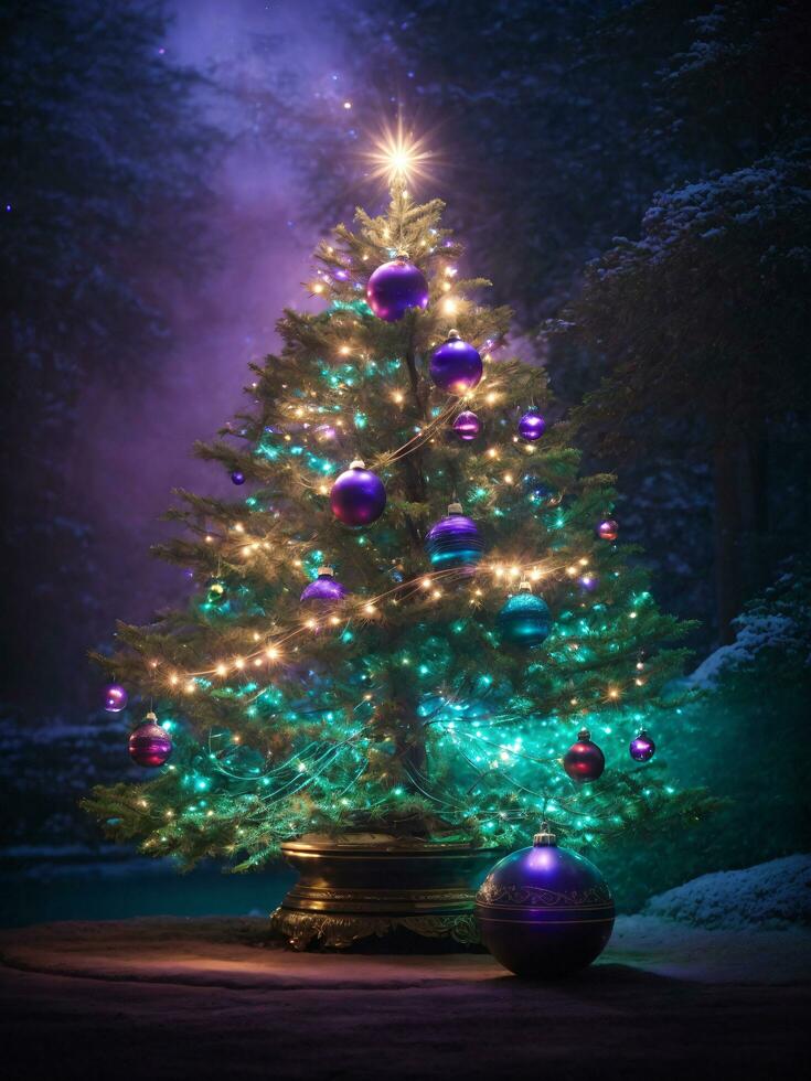 Decorated Christmas tree with ball, bell and many more. Ai Generative photo