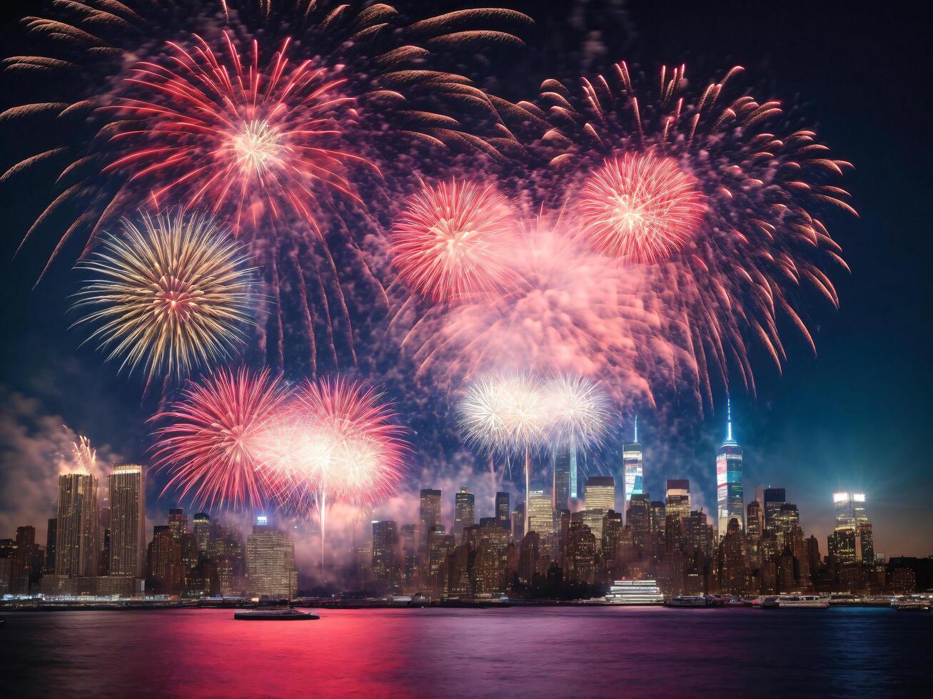 New Year's Eve Fireworks Display. New York, Sydney. Ai Generative