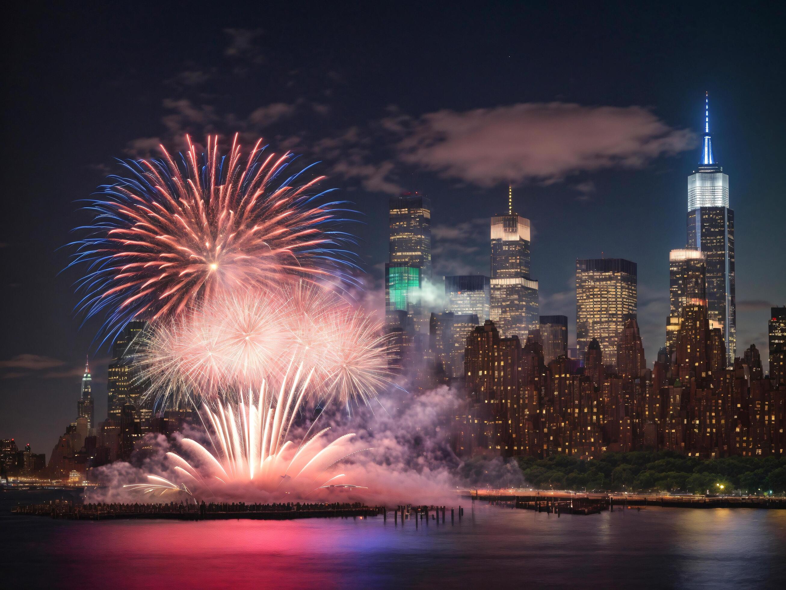 New Year's Eve Fireworks Display. New York, Sydney. Ai Generative