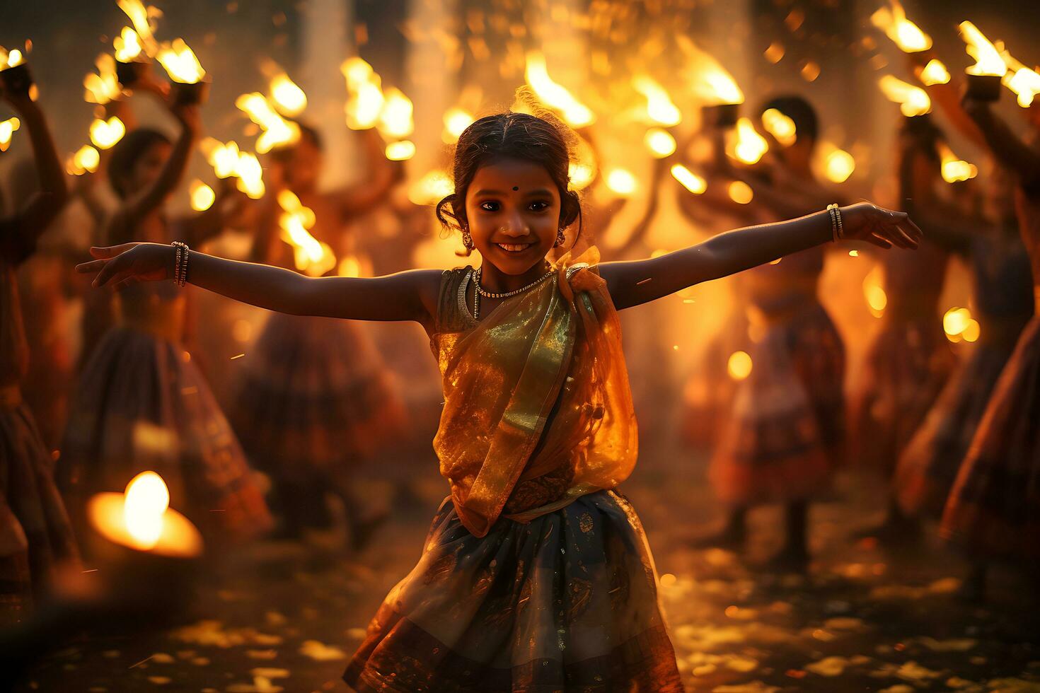 indio diwali celebrando con diya Encendiendo. familia, chicas, niños todas contento momentos ai generativo foto