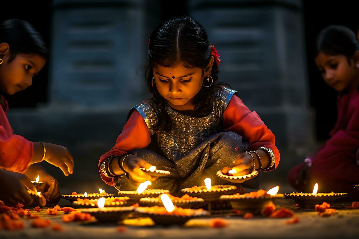 Indian Diwali celebrating with Diya Lighting. family, girls, kids all happy moments. Ai Generative photo