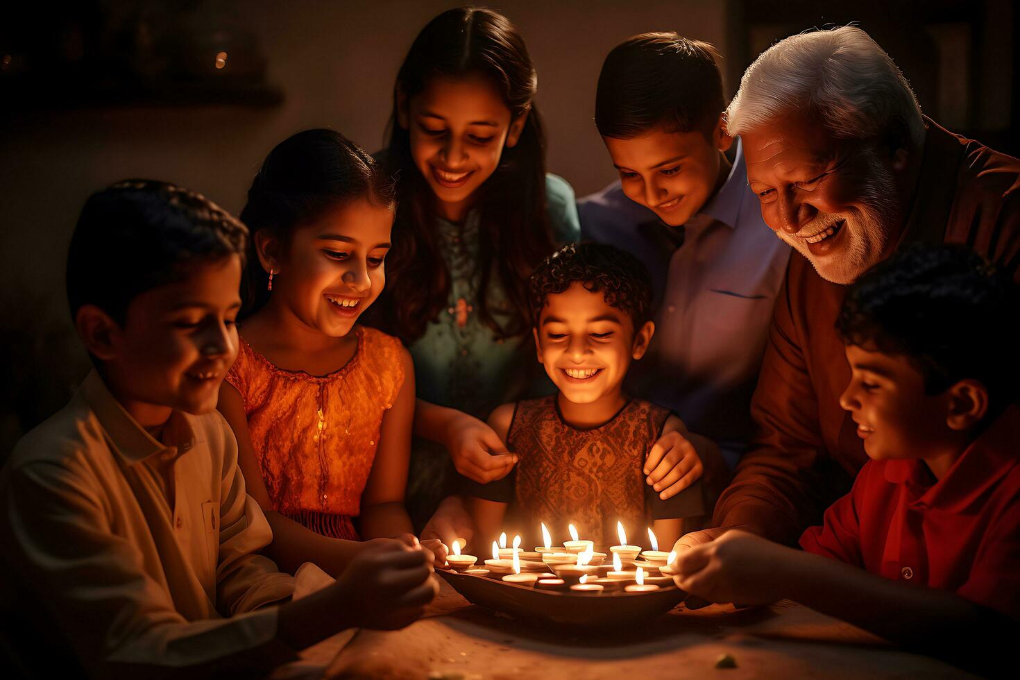 Indian Diwali celebrating with Diya Lighting. family, girls, kids all happy moments. Ai Generative photo
