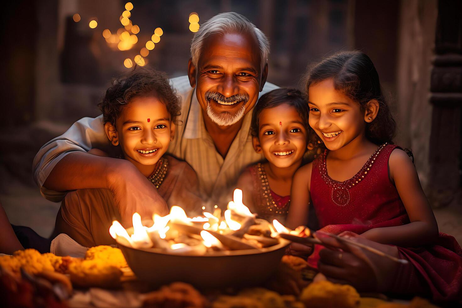 Indian Diwali celebrating with Diya Lighting. family, girls, kids all happy moments. Ai Generative photo