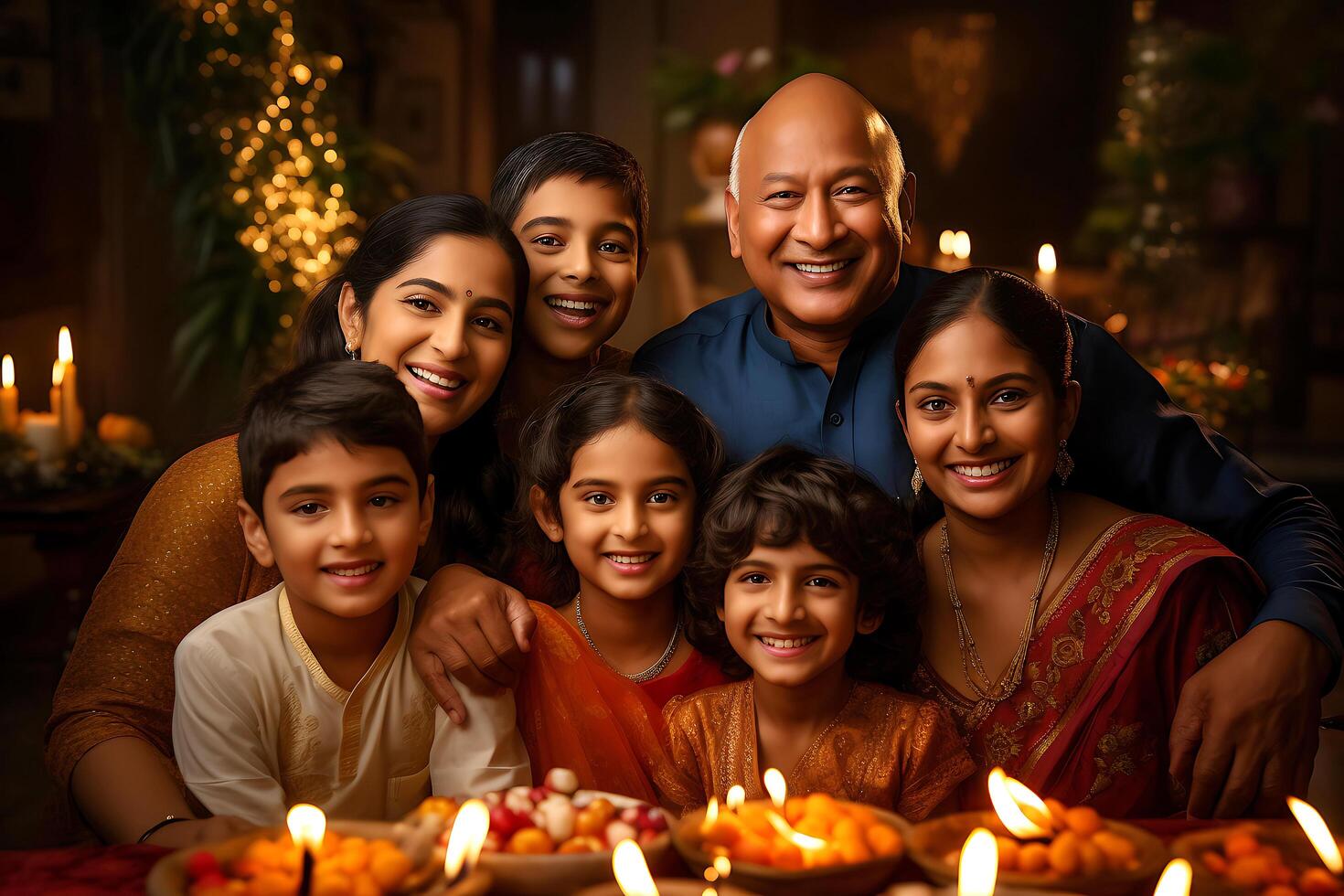 Indian Diwali celebrating with Diya Lighting. family, girls, kids all happy moments. Ai Generative photo