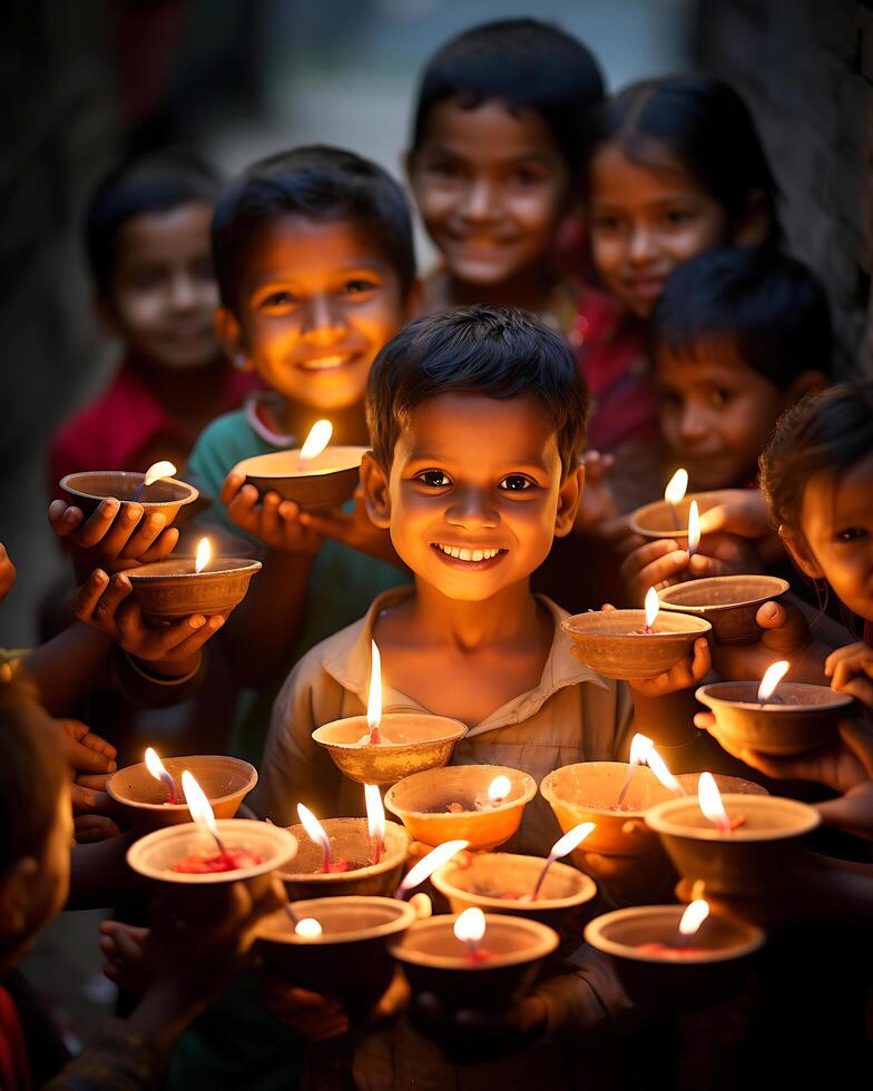 Indian Diwali celebrating with Diya Lighting. family, girls, kids all happy moments. Ai Generative photo