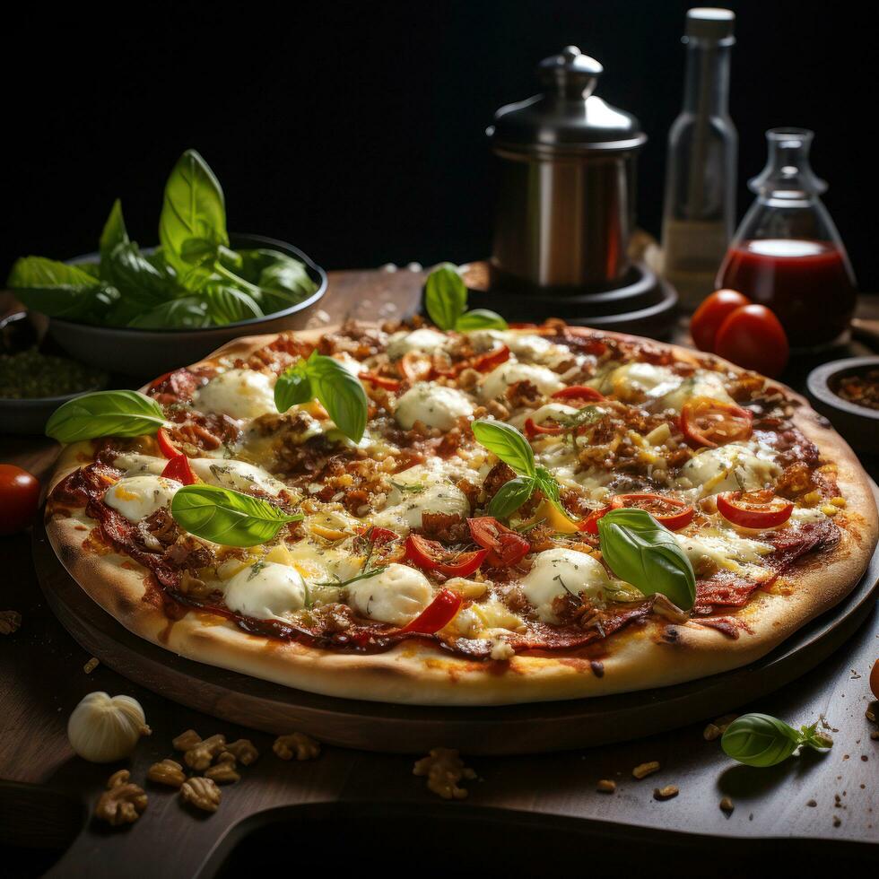 Pizza Perfection World Class Oven Baked Delights decoration with toppingsAi Generative photo