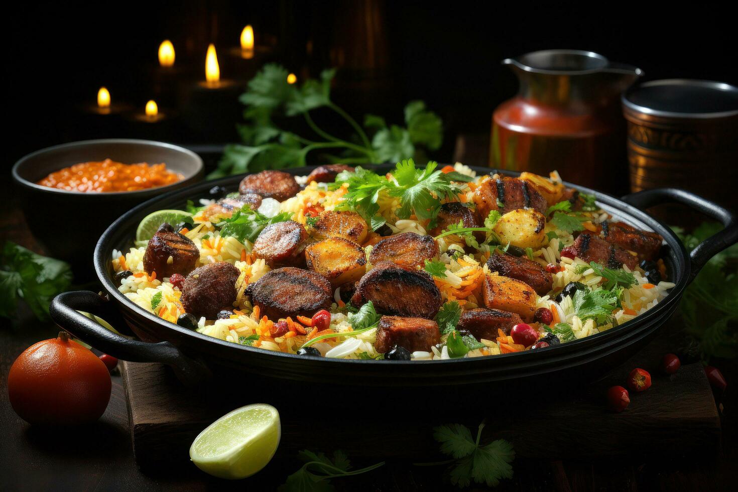 Exploring the Flavors of Authentic Pakistani Cuisine. Biryani, Kofta, Kebab, Lassi, Samosa, Jalebi. Ai Generative photo