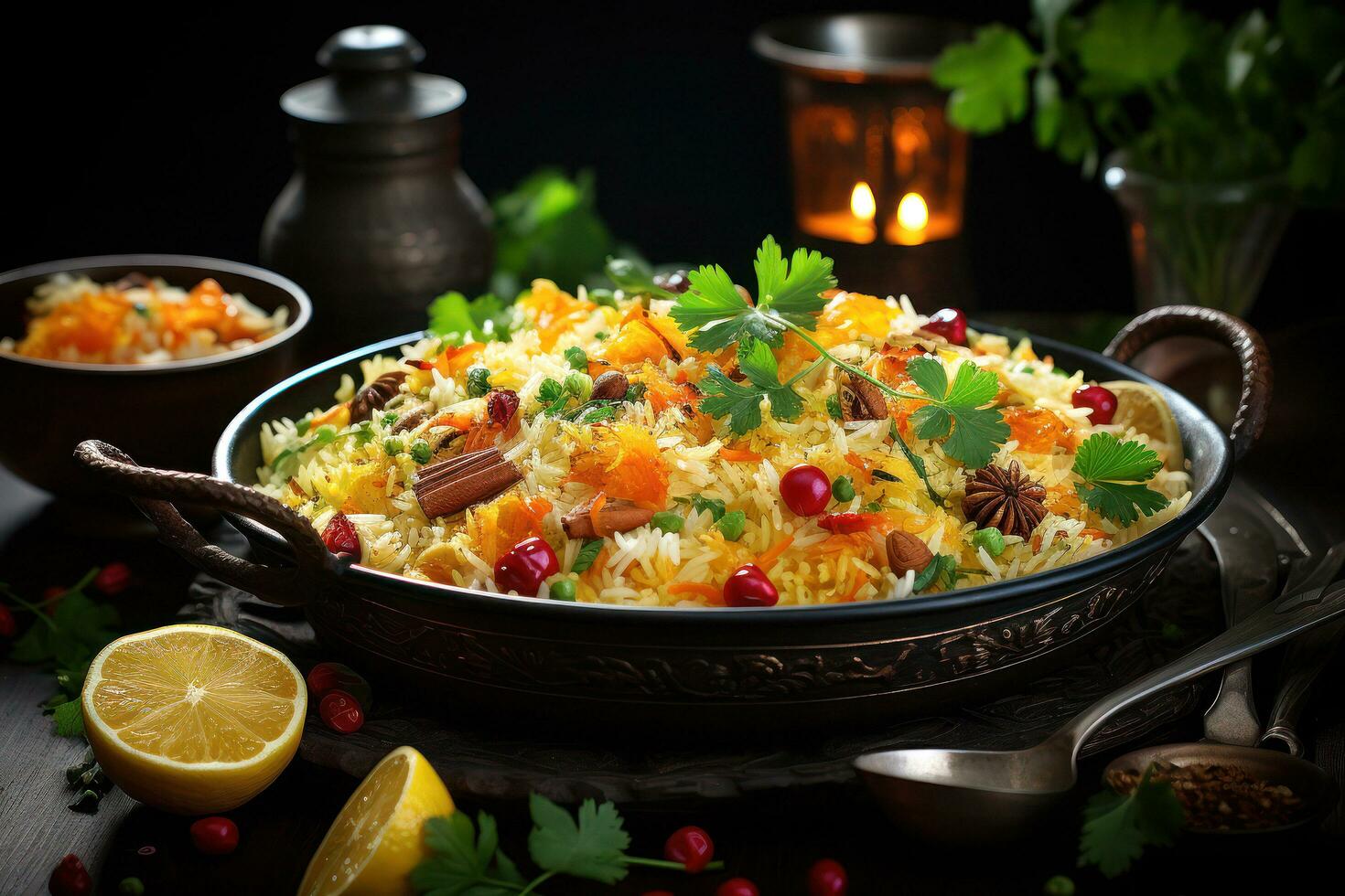Exploring the Flavors of Authentic Pakistani Cuisine. Biryani, Kofta, Kebab, Lassi, Samosa, Jalebi. Ai Generative photo