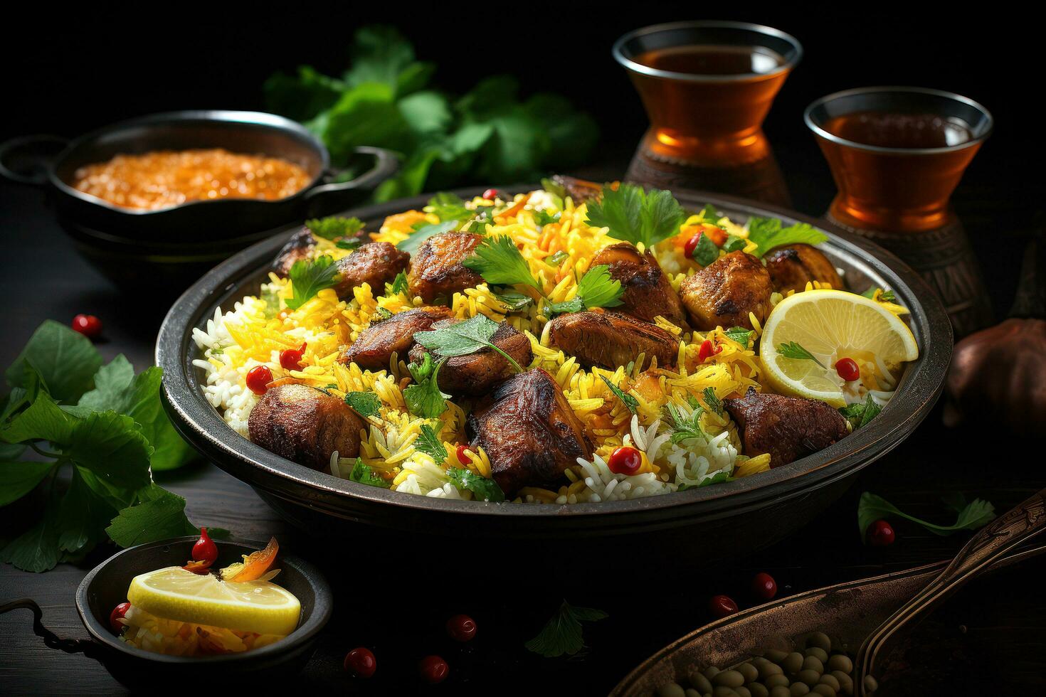 Exploring the Flavors of Authentic Pakistani Cuisine. Biryani, Kofta, Kebab, Lassi, Samosa, Jalebi. Ai Generative photo