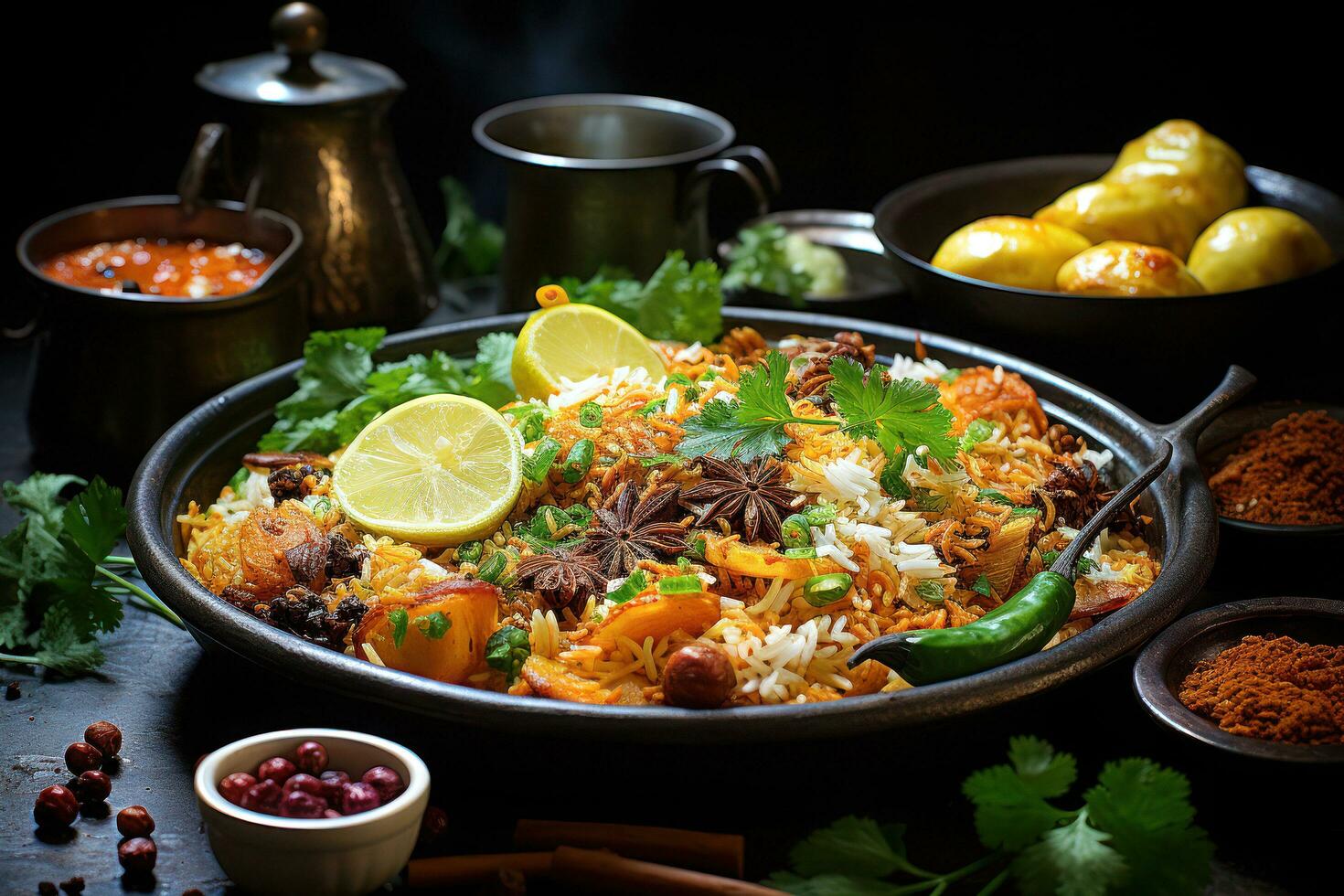Exploring the Flavors of Authentic Pakistani Cuisine. Biryani, Kofta, Kebab, Lassi, Samosa, Jalebi. Ai Generative photo