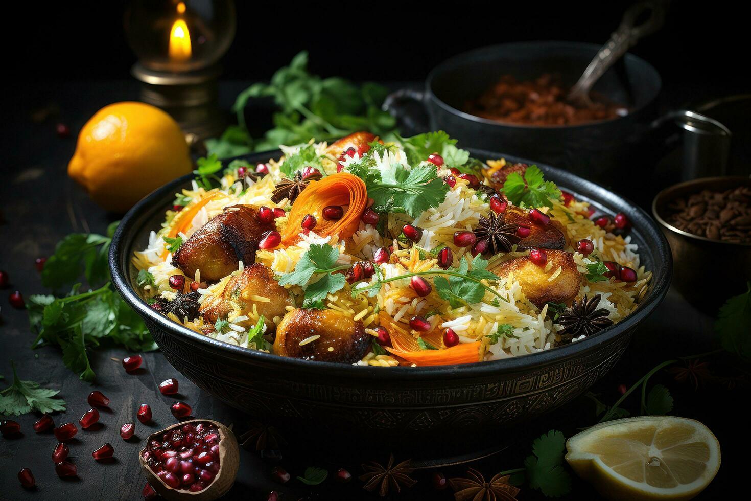 Exploring the Flavors of Authentic Pakistani Cuisine. Biryani, Kofta, Kebab, Lassi, Samosa, Jalebi. Ai Generative photo