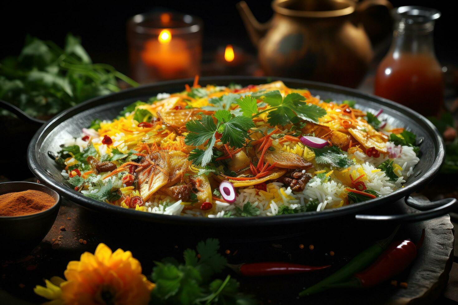 Exploring the Flavors of Authentic Pakistani Cuisine. Biryani, Kofta, Kebab, Lassi, Samosa, Jalebi. Ai Generative photo