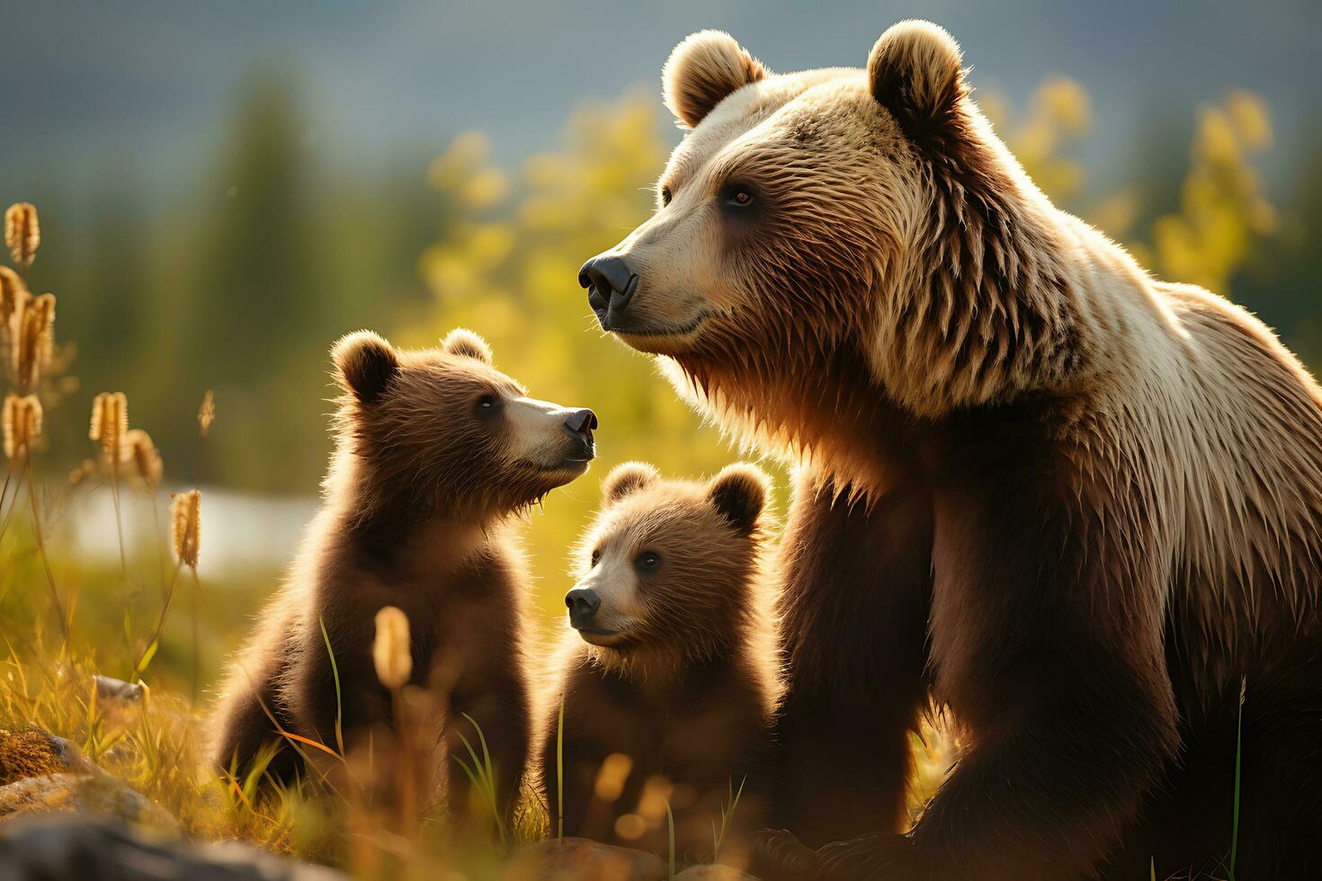 Grizzly bear mother and cubs. HD Quality Razor sharp images. Ai Generative photo